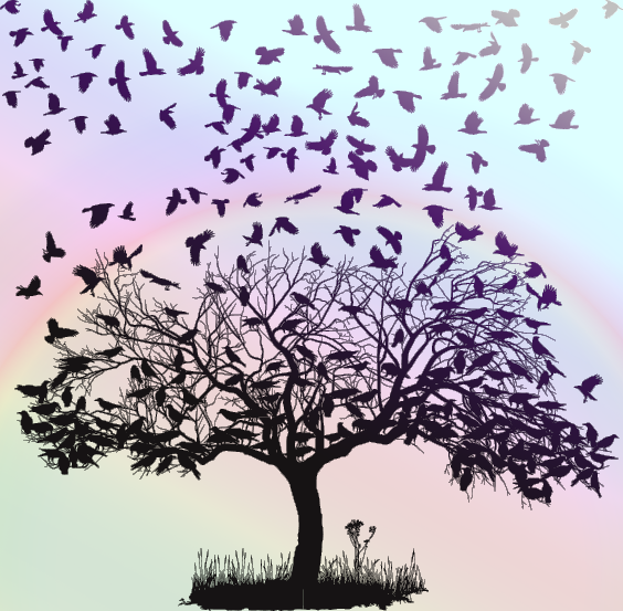 crows flying off of tree